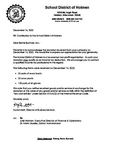 School District of Holmen Letter